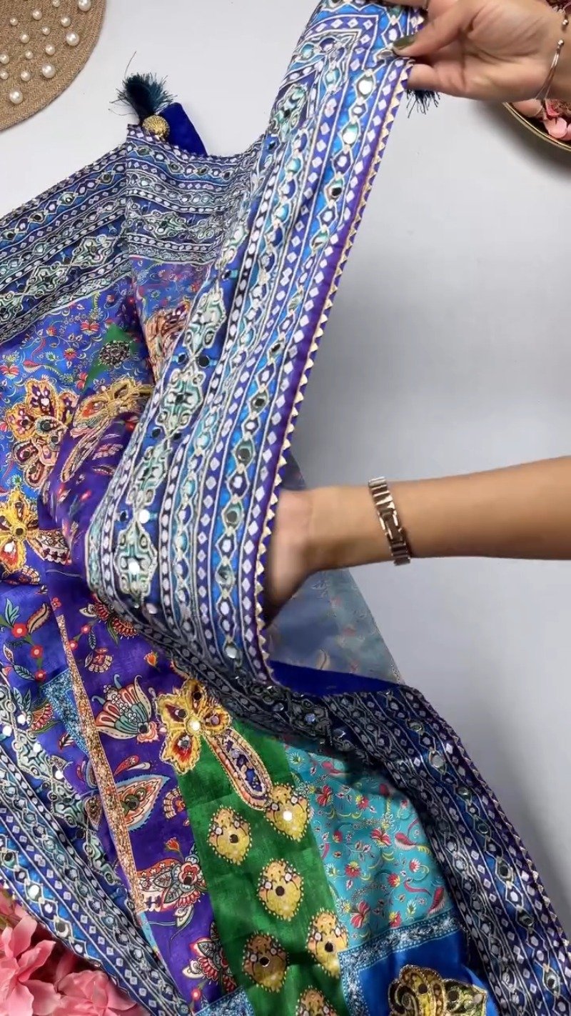Opulent Mirror-Embellished Patchwork Lehenga Set – Available in Royal Blue & Sunset Orange