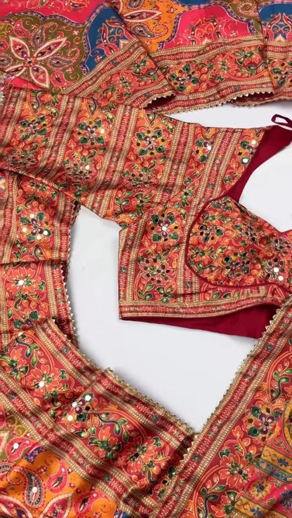 Opulent Mirror-Embellished Patchwork Lehenga Set – Available in Royal Blue & Sunset Orange