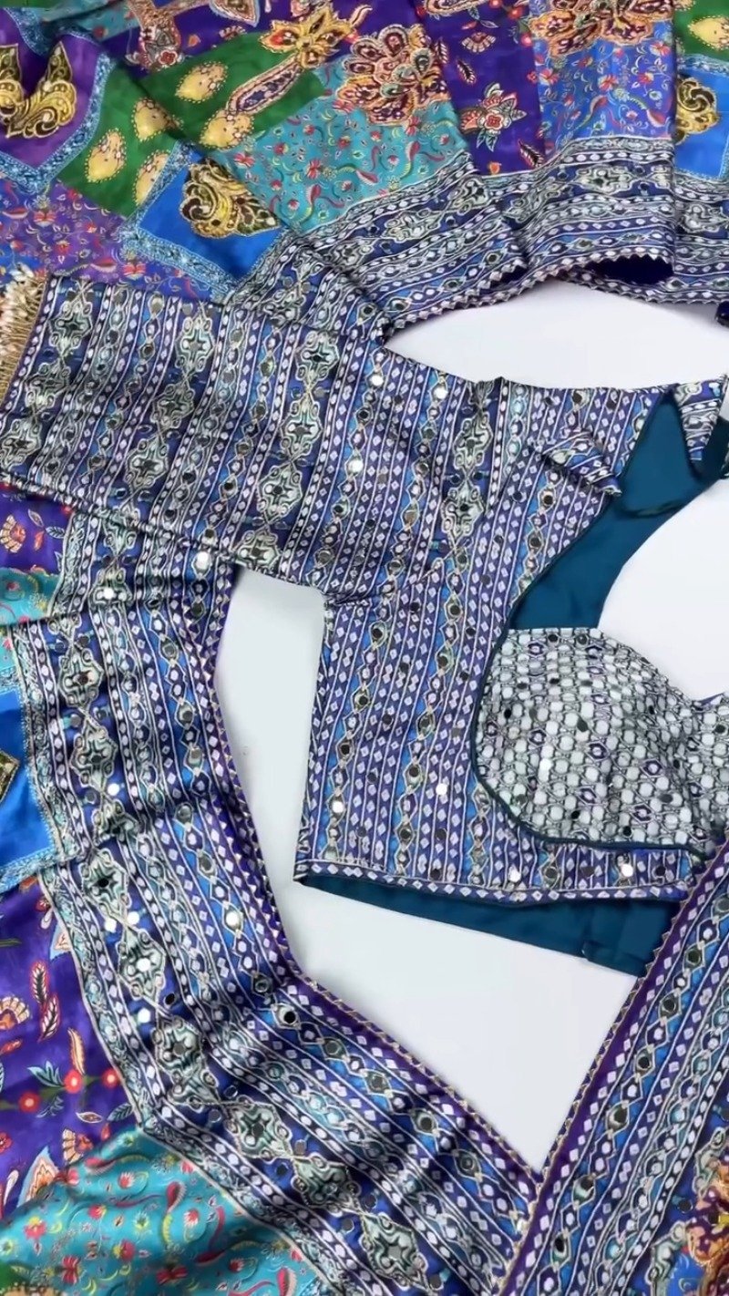Opulent Mirror-Embellished Patchwork Lehenga Set – Available in Royal Blue & Sunset Orange