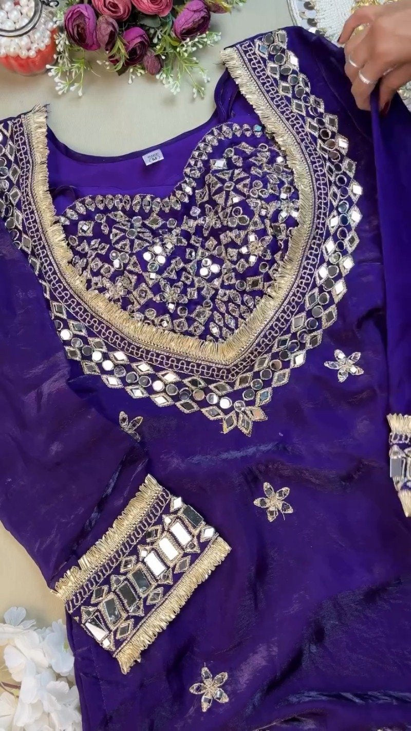 Royal Purple Mirror-Work Handcrafted Festive Kurta