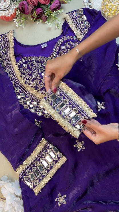 Royal Purple Mirror-Work Handcrafted Festive Kurta