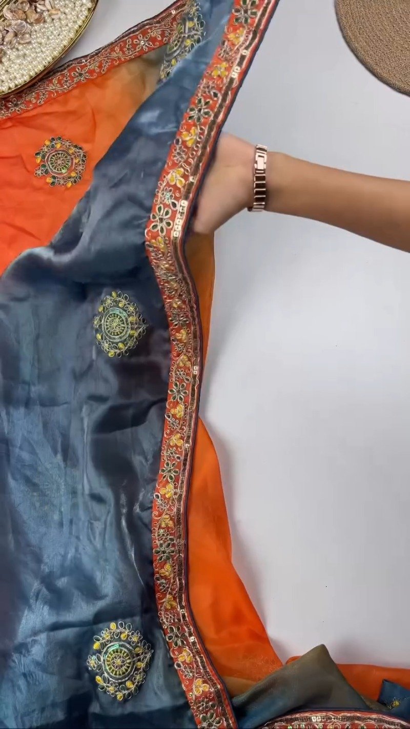 Opulent Hand-Embroidered Sequin Work Saree & Blouse Ensemble – Available in Midnight Blue, Royal Purple, Forest Green, Magenta & Deep Maroon
