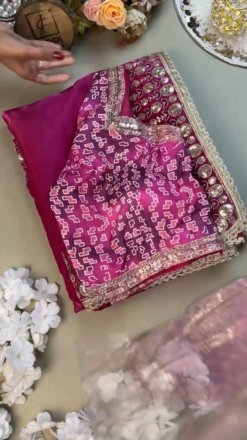 Magenta Georgette Geometric-Print Saree & Designer Blouse Ensemble