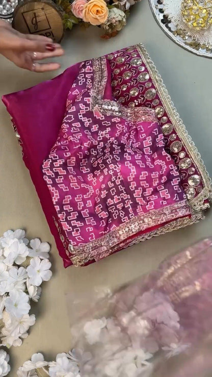 Magenta Georgette Geometric-Print Saree & Designer Blouse Ensemble