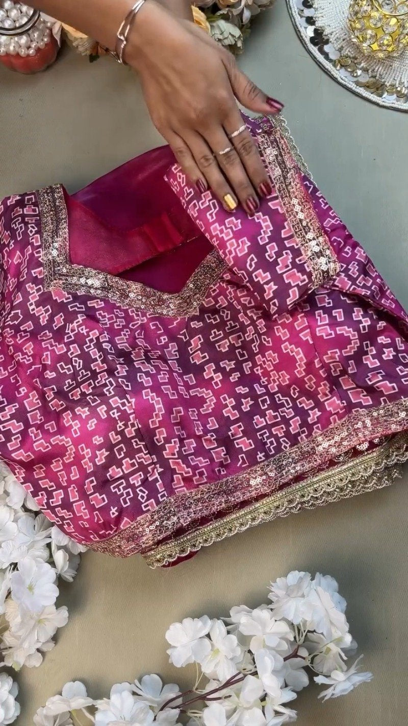 Magenta Georgette Geometric-Print Saree & Designer Blouse Ensemble