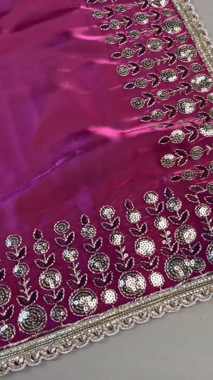 Magenta Georgette Geometric-Print Saree & Designer Blouse Ensemble