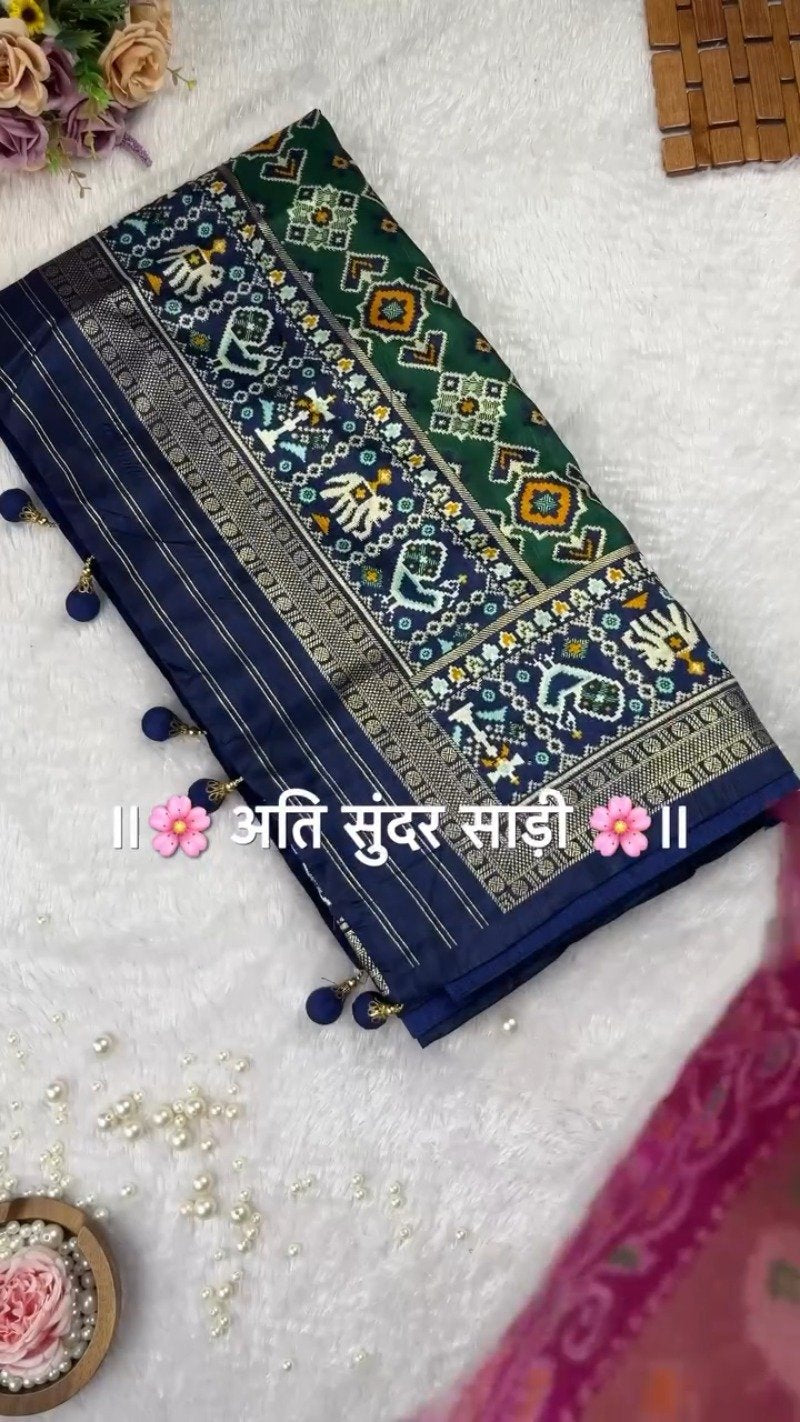 Regal Patola-Style Woven Silk Saree with Traditional Tassels – Available in Mint Green, Deep Grey, Soft Pink & Forest Green