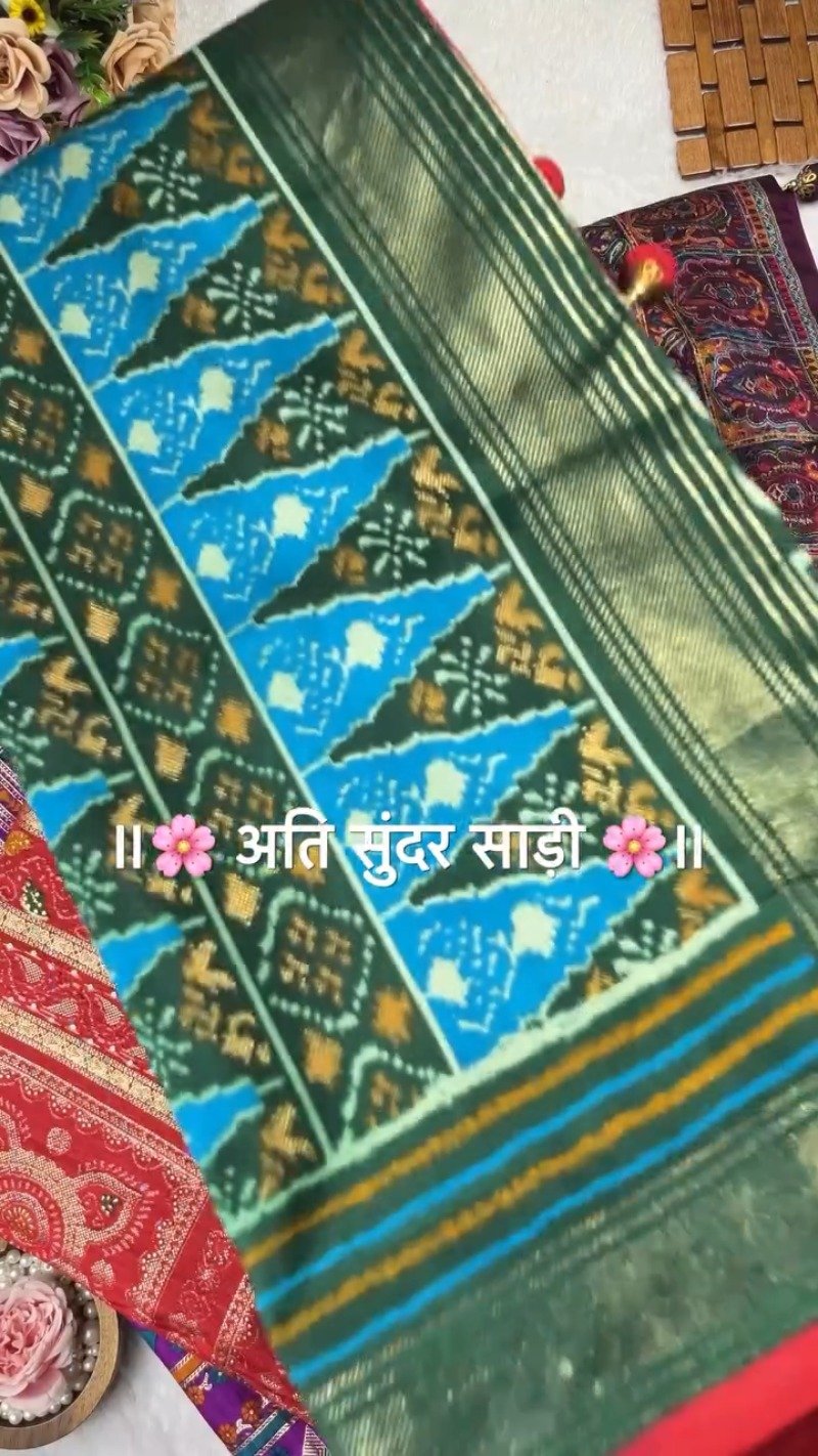 Regal Patola-Style Woven Silk Saree with Traditional Tassels – Available in Mint Green, Deep Grey, Soft Pink & Forest Green
