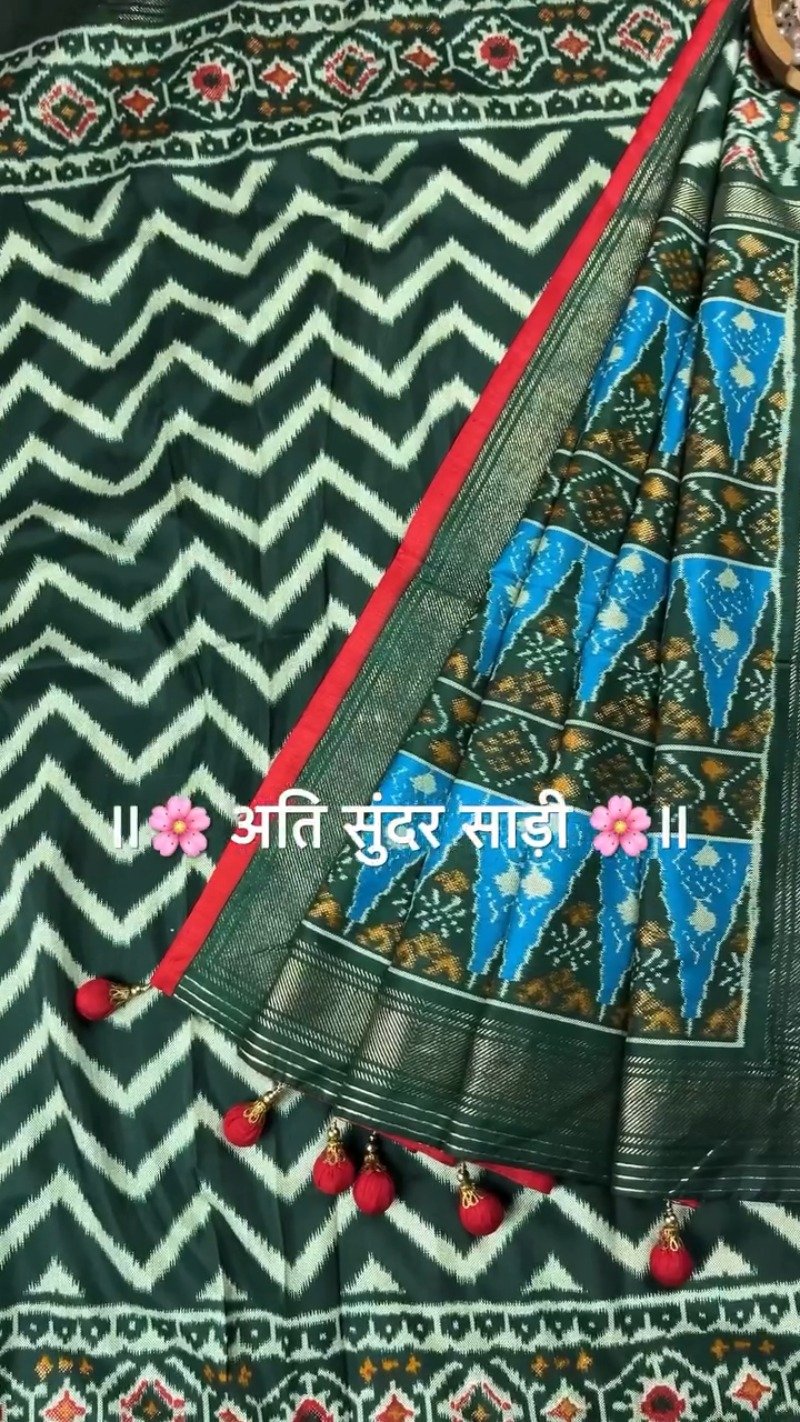 Regal Patola-Style Woven Silk Saree with Traditional Tassels – Available in Mint Green, Deep Grey, Soft Pink & Forest Green