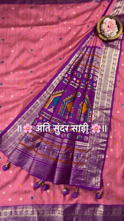Regal Patola-Style Woven Silk Saree with Traditional Tassels – Available in Mint Green, Deep Grey, Soft Pink & Forest Green