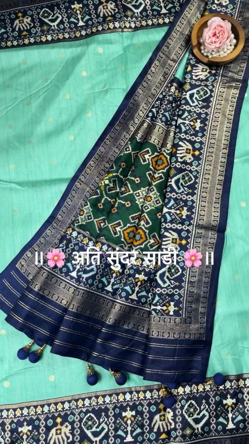 Regal Patola-Style Woven Silk Saree with Traditional Tassels – Available in Mint Green, Deep Grey, Soft Pink & Forest Green