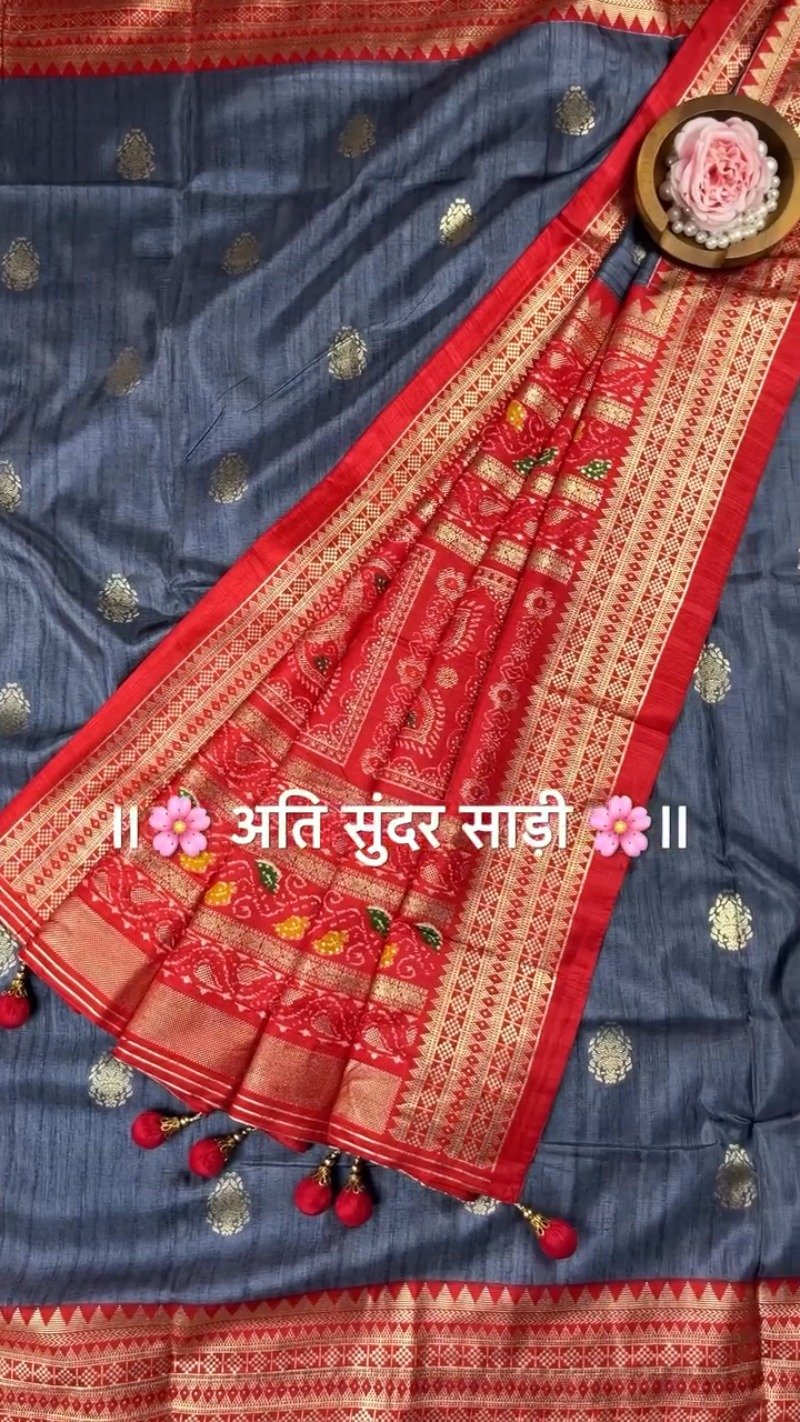 Regal Patola-Style Woven Silk Saree with Traditional Tassels – Available in Mint Green, Deep Grey, Soft Pink & Forest Green