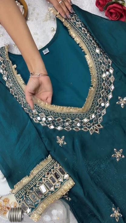 Enchanting Deep Teal Mirror-Work Kurta with Exquisite Gold Trim Details