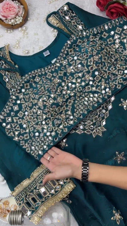 Enchanting Deep Teal Mirror-Work Kurta with Exquisite Gold Trim Details