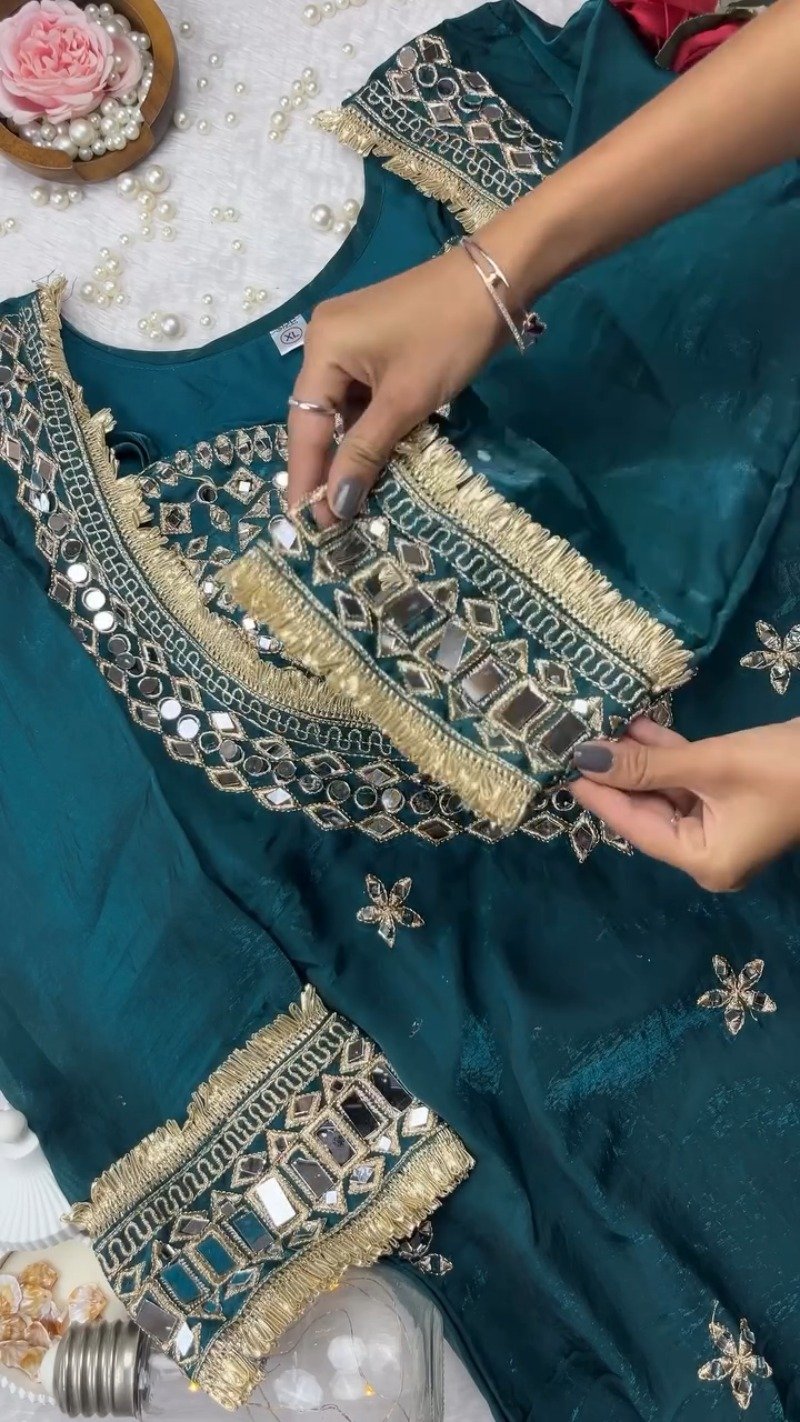 Enchanting Deep Teal Mirror-Work Kurta with Exquisite Gold Trim Details