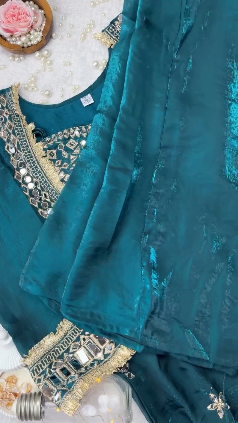 Enchanting Deep Teal Mirror-Work Kurta with Exquisite Gold Trim Details