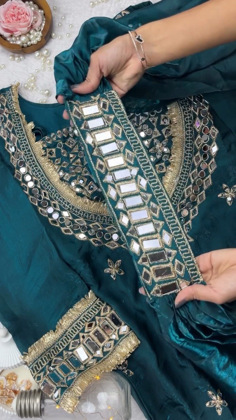 Enchanting Deep Teal Mirror-Work Kurta with Exquisite Gold Trim Details