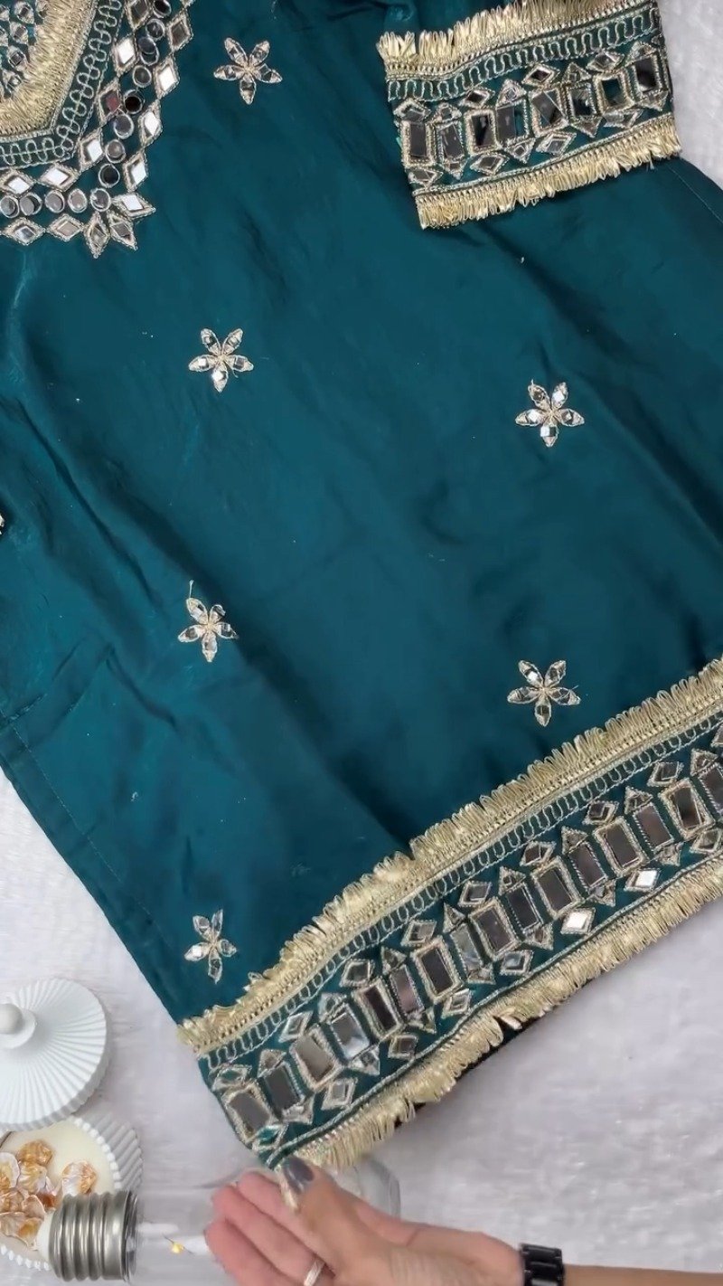 Enchanting Deep Teal Mirror-Work Kurta with Exquisite Gold Trim Details