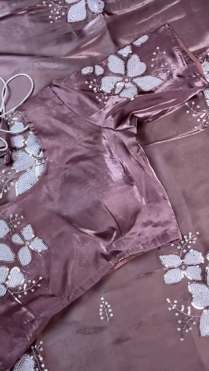 Mauve Lustre Sequin-Embroidered Saree Set – Shimmering Elegance