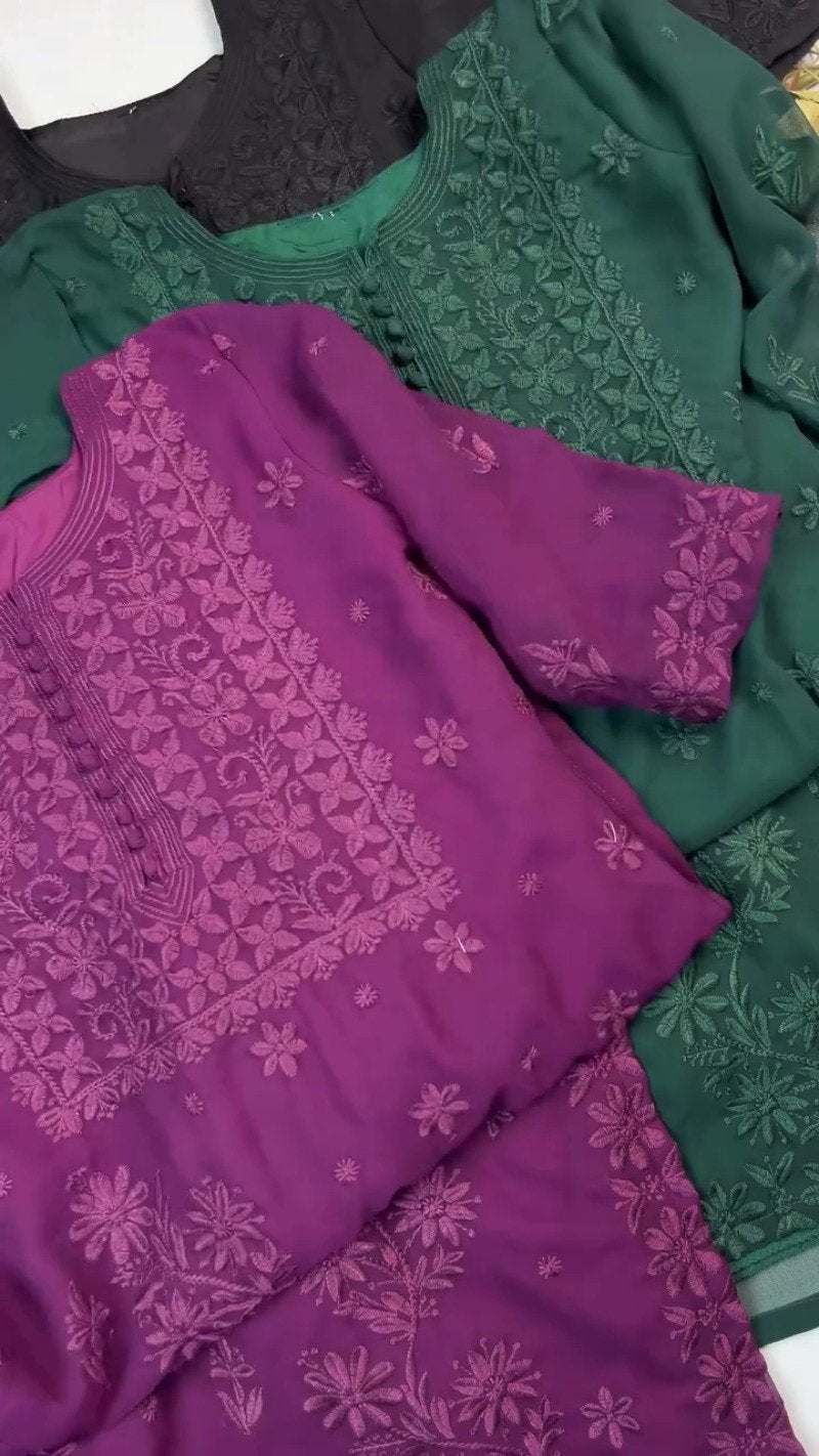 Chikankari Floral Embroidered Kurta Set – Available in Emerald Green, Scarlet Red & Midnight Black