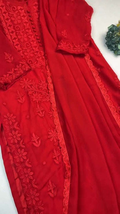 Chikankari Floral Embroidered Kurta Set – Available in Emerald Green, Scarlet Red & Midnight Black