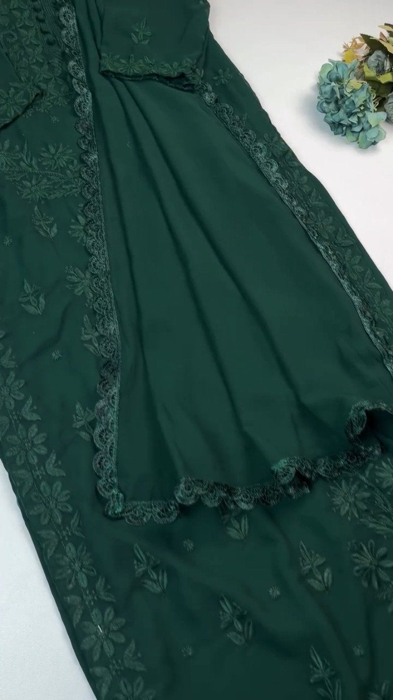 Chikankari Floral Embroidered Kurta Set – Available in Emerald Green, Scarlet Red & Midnight Black