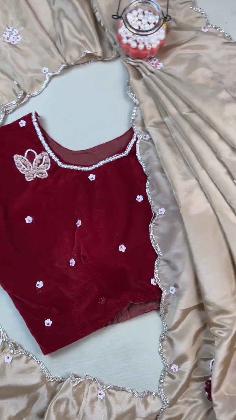 Enchanting Butterfly-Motif Velvet Blouse with Embellished Ruffle Saree – Available in Maroon & Champagne