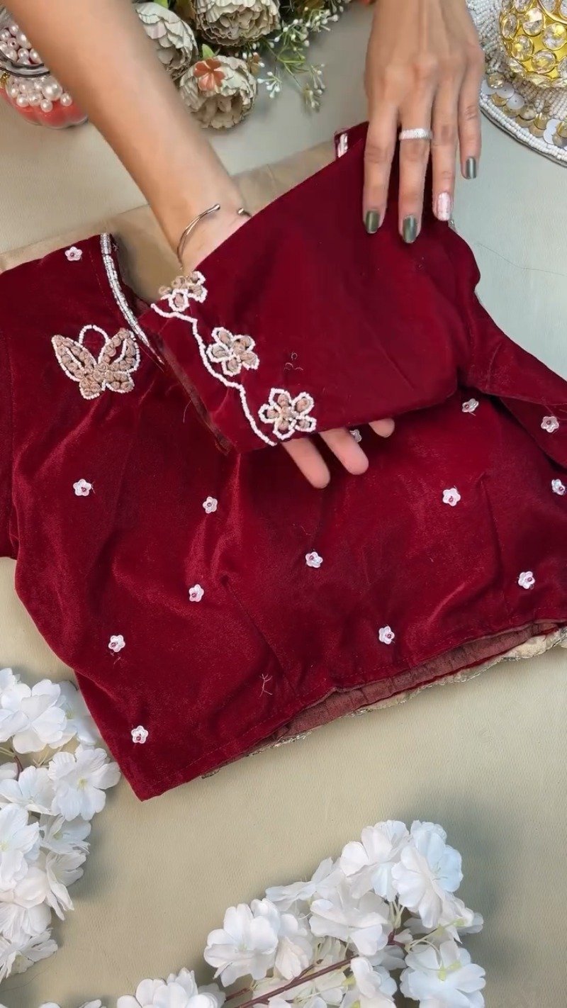 Enchanting Butterfly-Motif Velvet Blouse with Embellished Ruffle Saree – Available in Maroon & Champagne