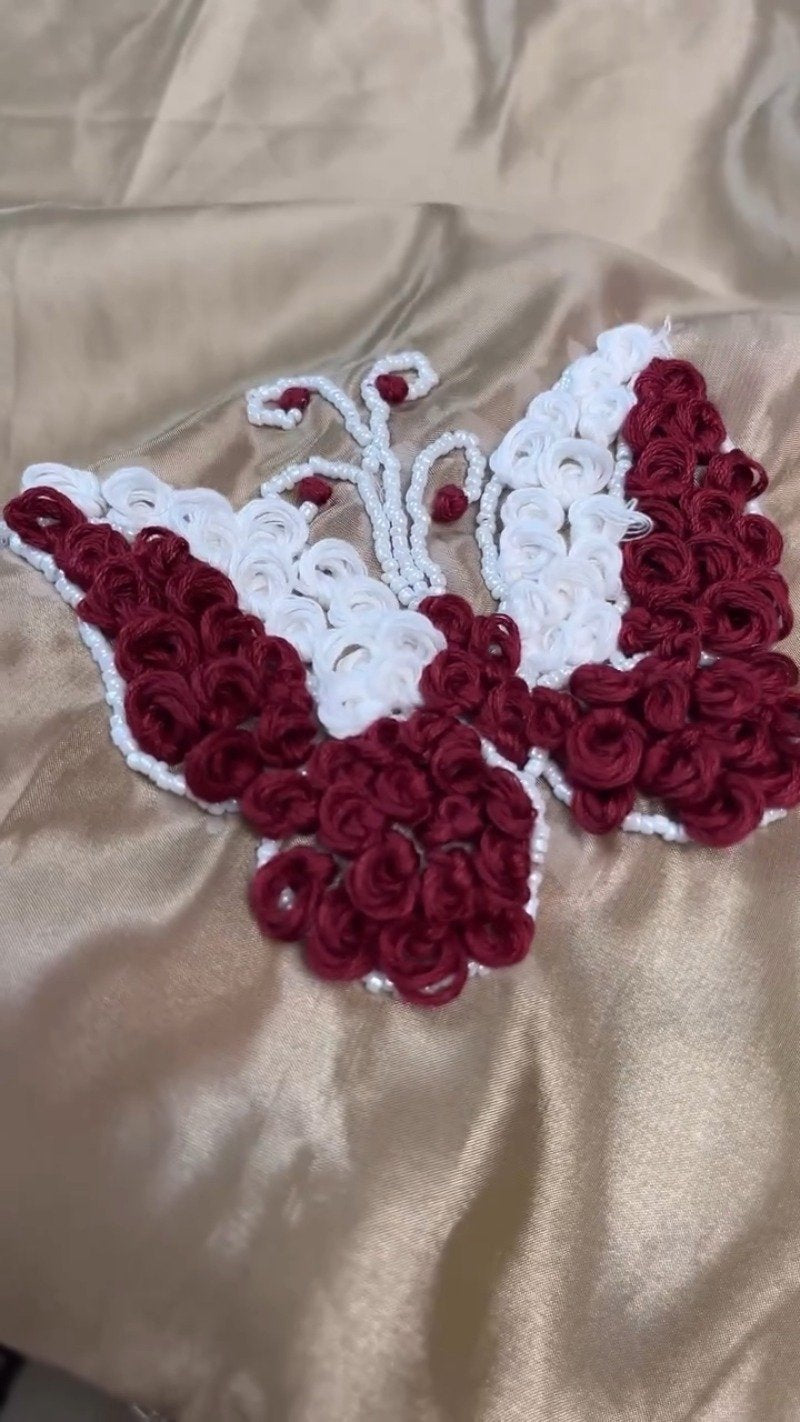 Enchanting Butterfly-Motif Velvet Blouse with Embellished Ruffle Saree – Available in Maroon & Champagne