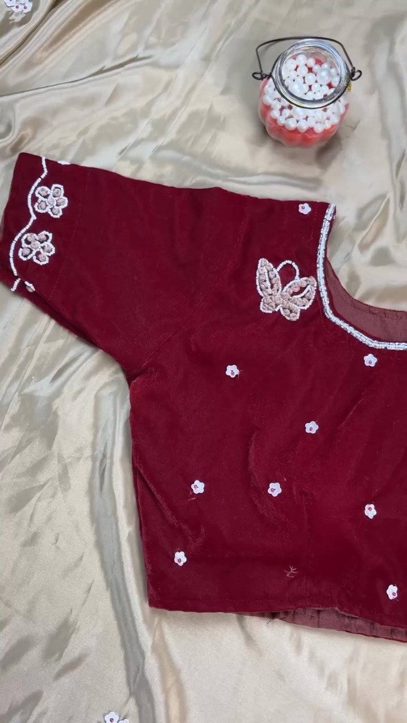 Enchanting Butterfly-Motif Velvet Blouse with Embellished Ruffle Saree – Available in Maroon & Champagne