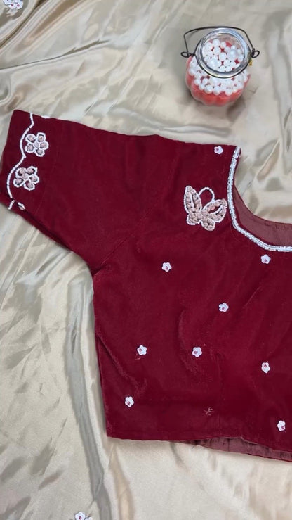 Enchanting Butterfly-Motif Velvet Blouse with Embellished Ruffle Saree – Available in Maroon & Champagne