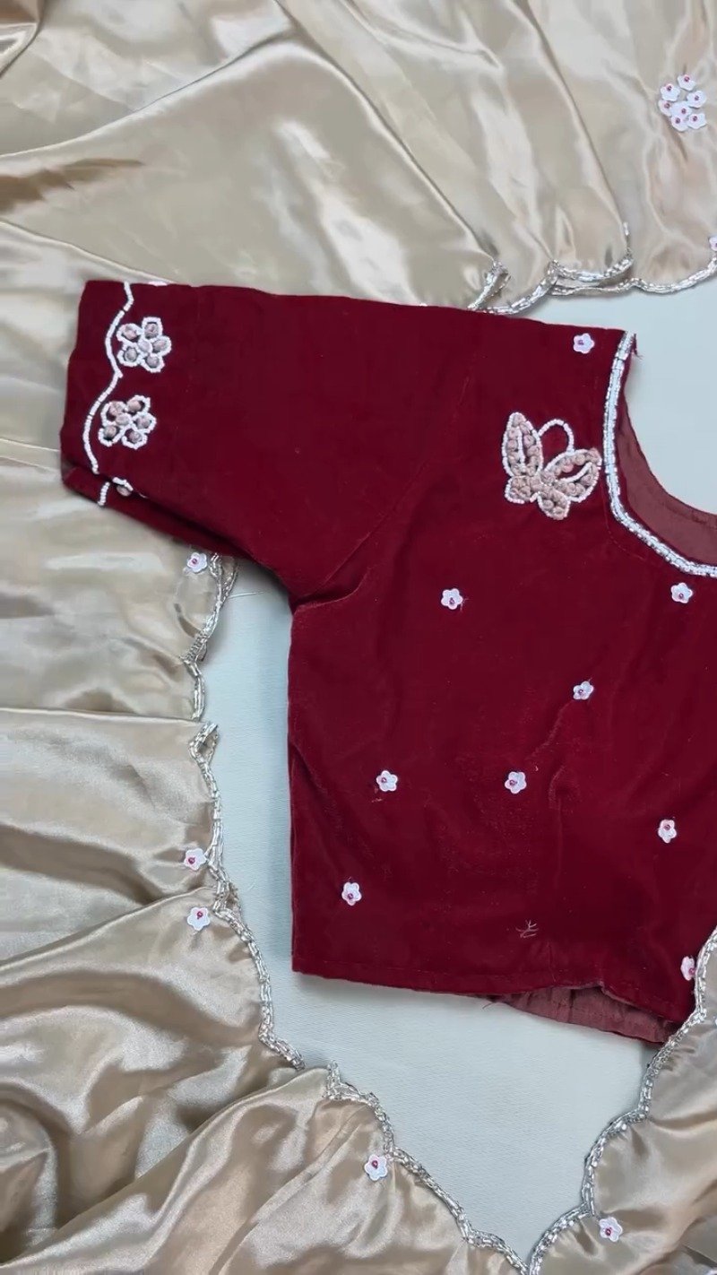 Enchanting Butterfly-Motif Velvet Blouse with Embellished Ruffle Saree – Available in Maroon & Champagne