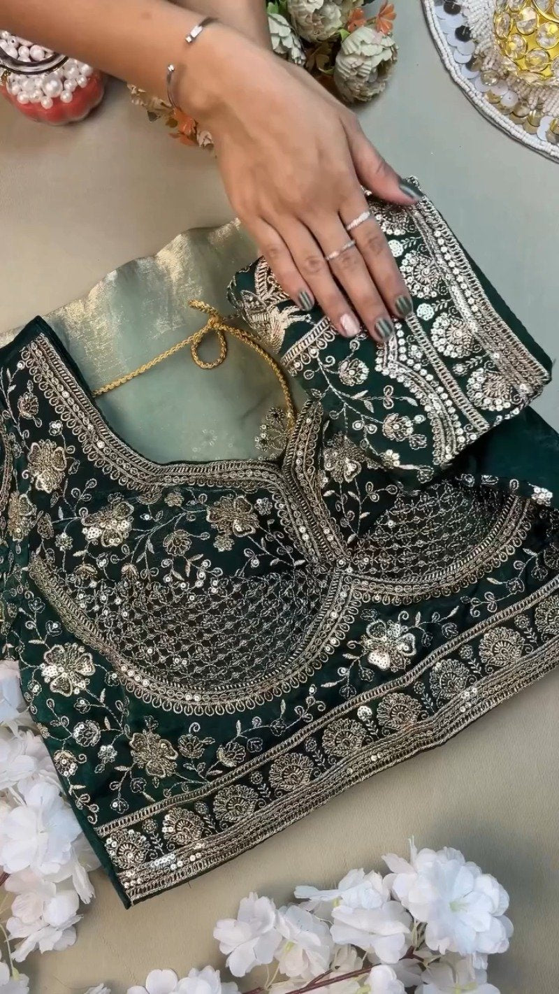 Emerald Green Velvet Blouse and Mint Shimmer Saree Set – A Dazzling Ethnic Ensemble