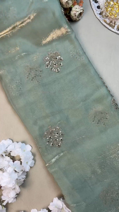 Emerald Green Velvet Blouse and Mint Shimmer Saree Set – A Dazzling Ethnic Ensemble