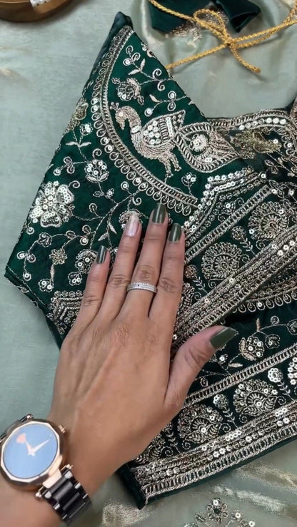 Emerald Green Velvet Blouse and Mint Shimmer Saree Set – A Dazzling Ethnic Ensemble