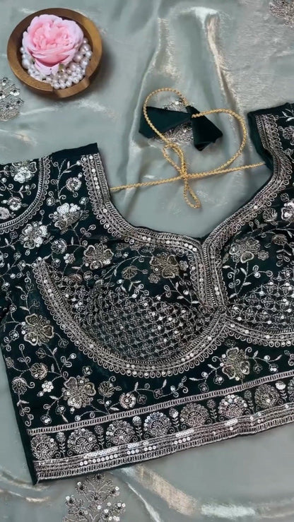 Emerald Green Velvet Blouse and Mint Shimmer Saree Set – A Dazzling Ethnic Ensemble