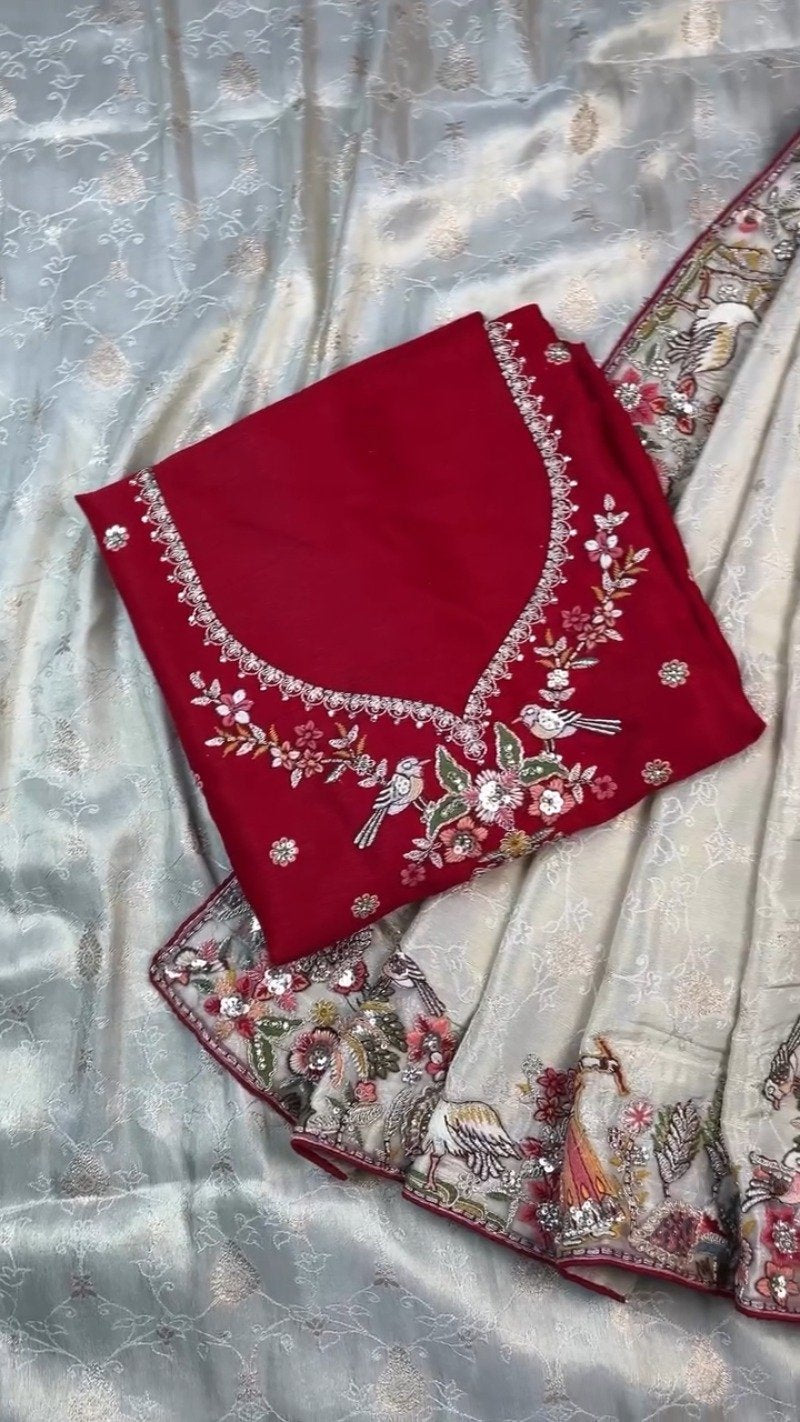 Artisanal Doli-Motif Embroidered Kurta & Drape Set – Available in Off-White & Crimson Red