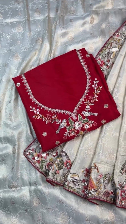 Artisanal Doli-Motif Embroidered Kurta & Drape Set – Available in Off-White & Crimson Red