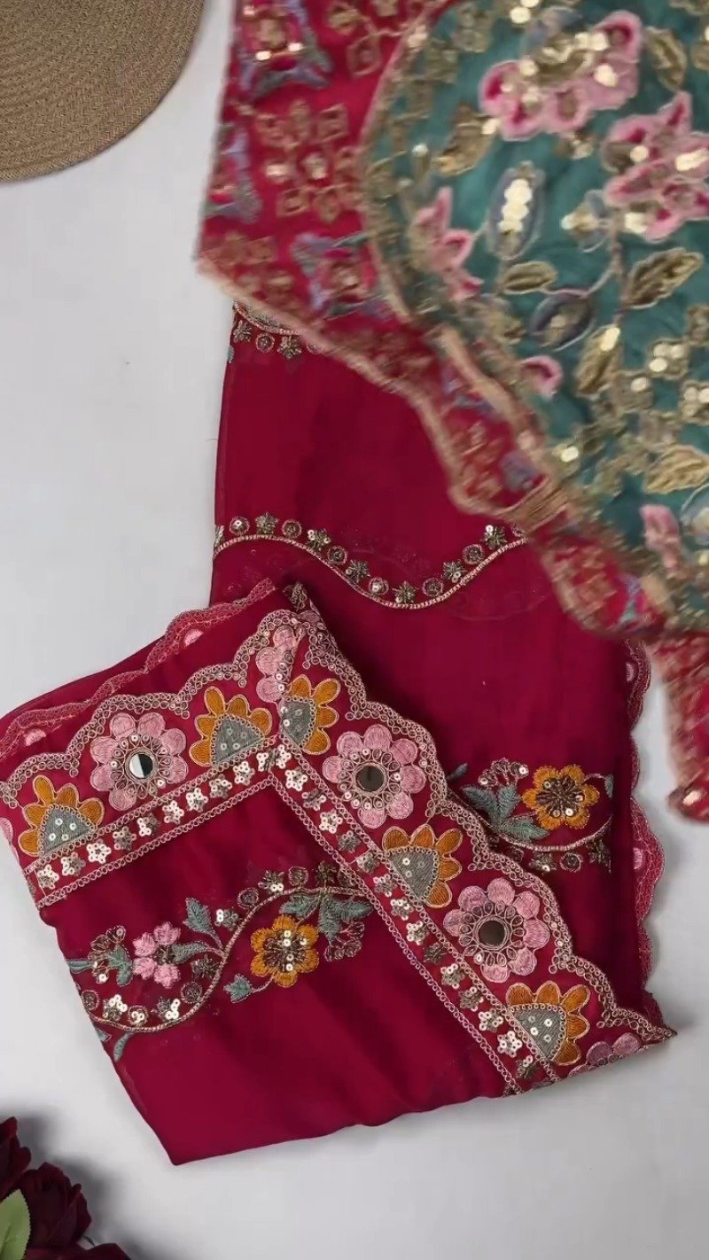 Artisanal Embroidered Saree Set with Mirror-Work Blouse – Available in Maroon & White