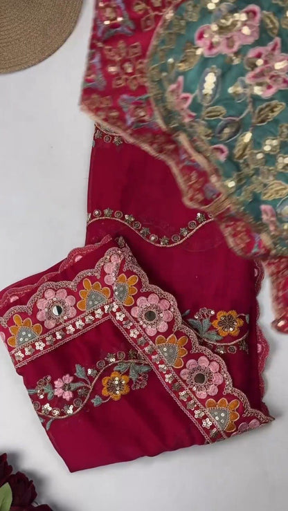 Artisanal Embroidered Saree Set with Mirror-Work Blouse – Available in Maroon & White