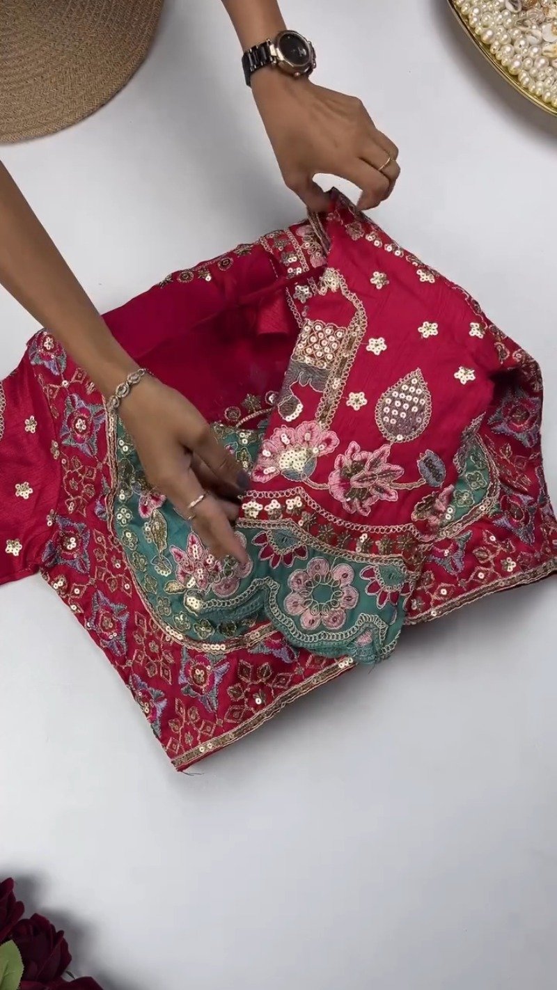 Artisanal Embroidered Saree Set with Mirror-Work Blouse – Available in Maroon & White