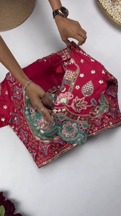 Artisanal Embroidered Saree Set with Mirror-Work Blouse – Available in Maroon & White