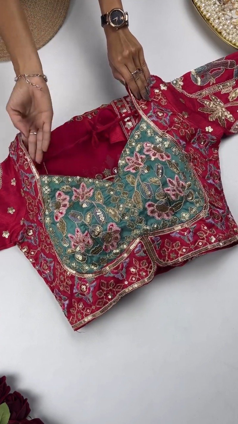 Artisanal Embroidered Saree Set with Mirror-Work Blouse – Available in Maroon & White