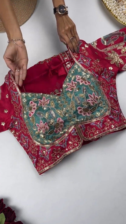 Artisanal Embroidered Saree Set with Mirror-Work Blouse – Available in Maroon & White