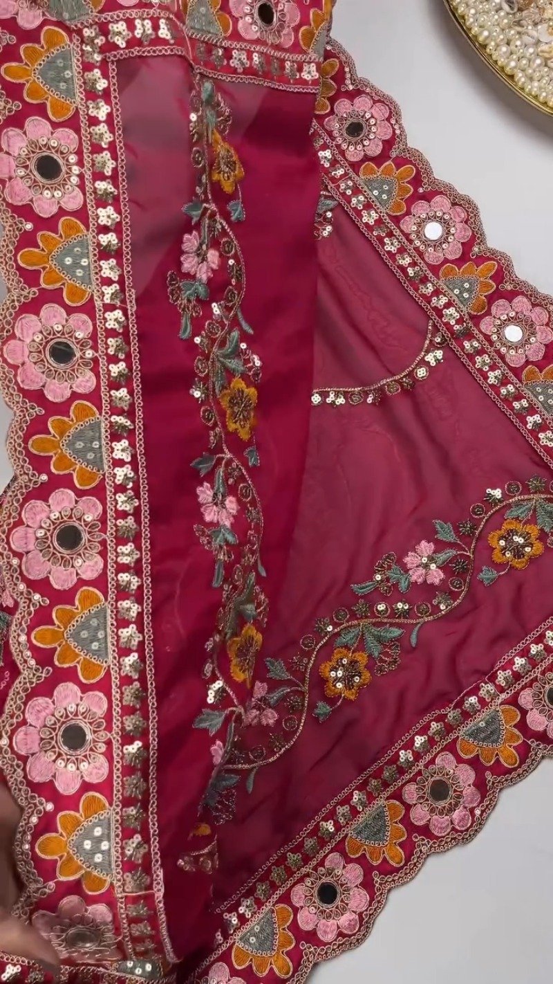 Artisanal Embroidered Saree Set with Mirror-Work Blouse – Available in Maroon & White