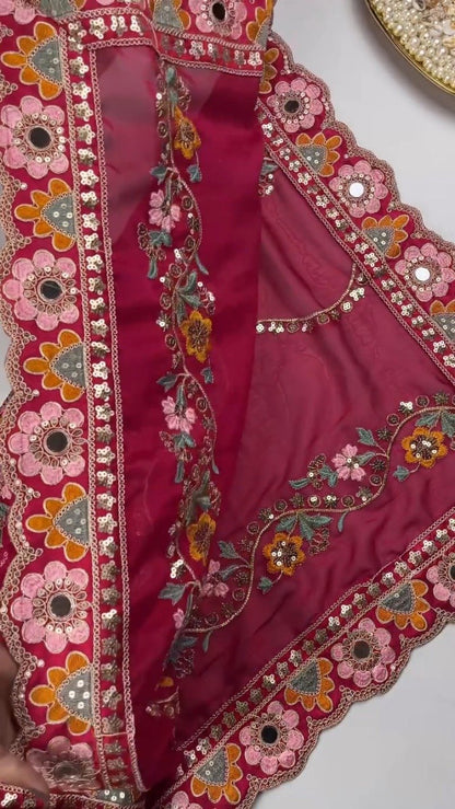 Artisanal Embroidered Saree Set with Mirror-Work Blouse – Available in Maroon & White