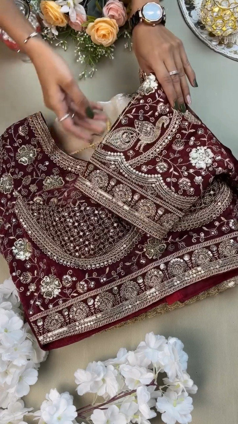 Royal Maroon Velvet & Ivory Organza Festive Saree Set