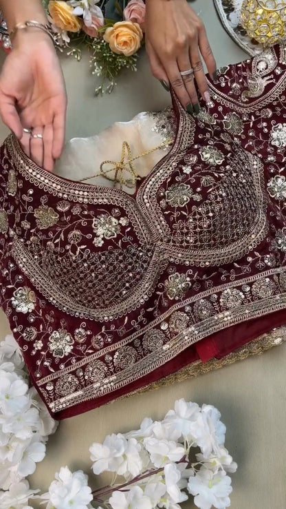 Royal Maroon Velvet & Ivory Organza Festive Saree Set