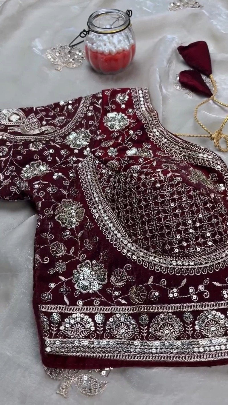 Royal Maroon Velvet & Ivory Organza Festive Saree Set