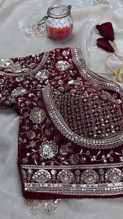 Royal Maroon Velvet & Ivory Organza Festive Saree Set